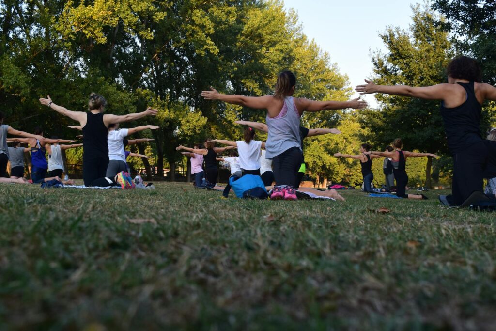 A group doing yoga in the park