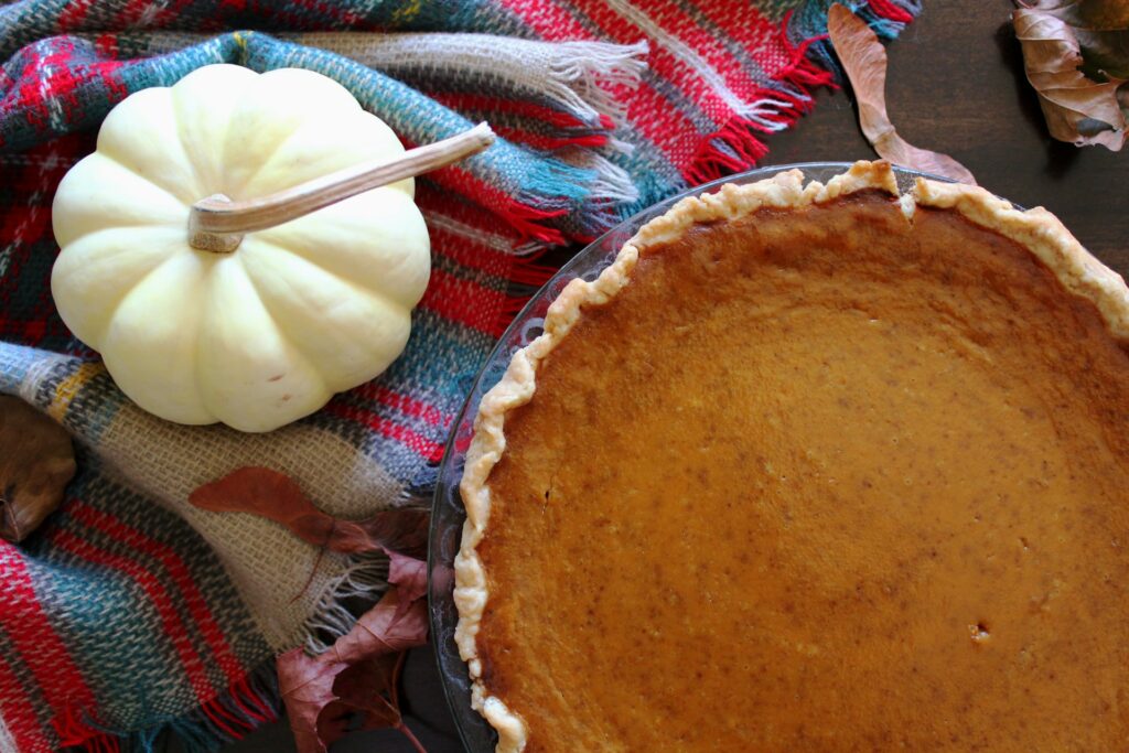 A view of a pumpkin pie